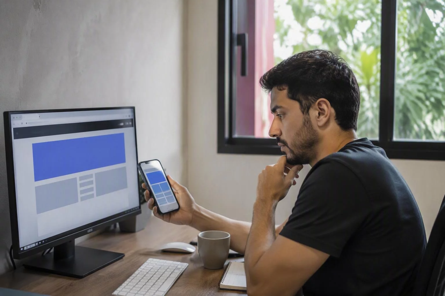 Desenvolvedor comparando a página do portal e a tela do aplicativo