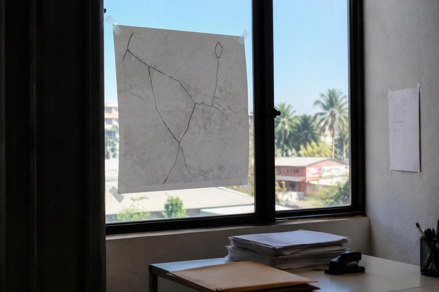 Janela do escritório com o mapa de rotas do portal colado no vidro