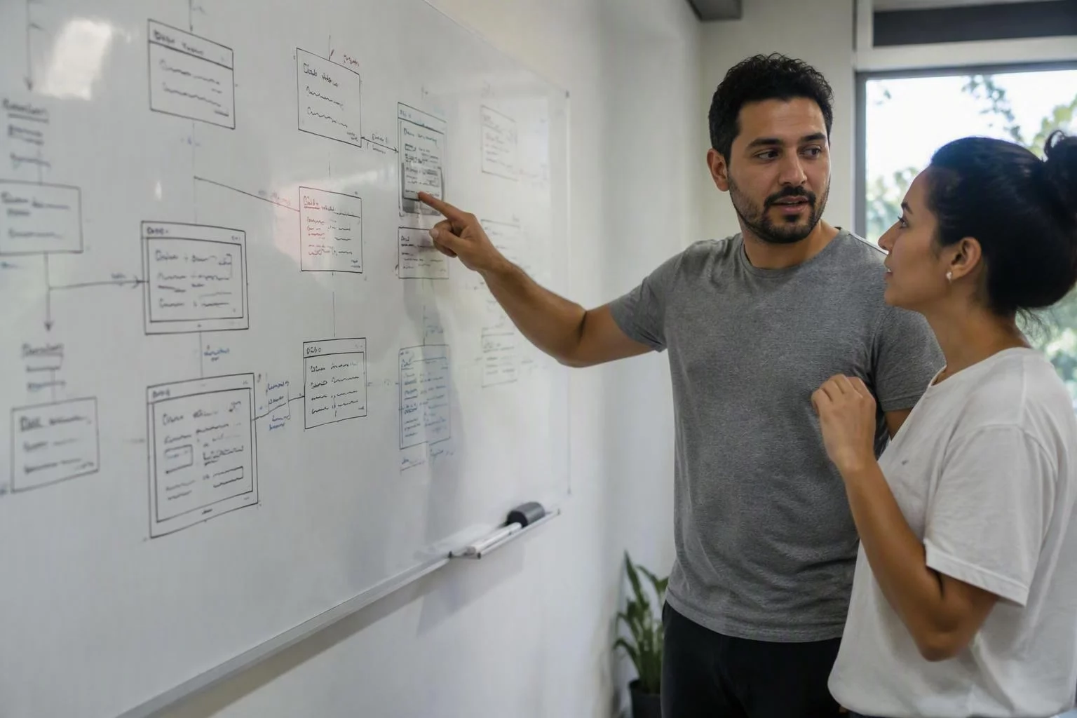 Quadro branco com o mapa de telas discutido por duas pessoas